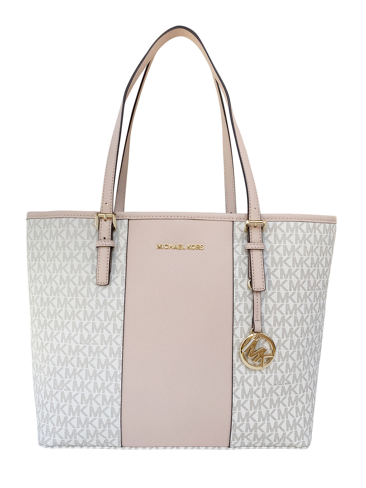 Michael Kors Jet Set Travel Medium Carryall Tote Vanilla MK Stripe Ballet Pink