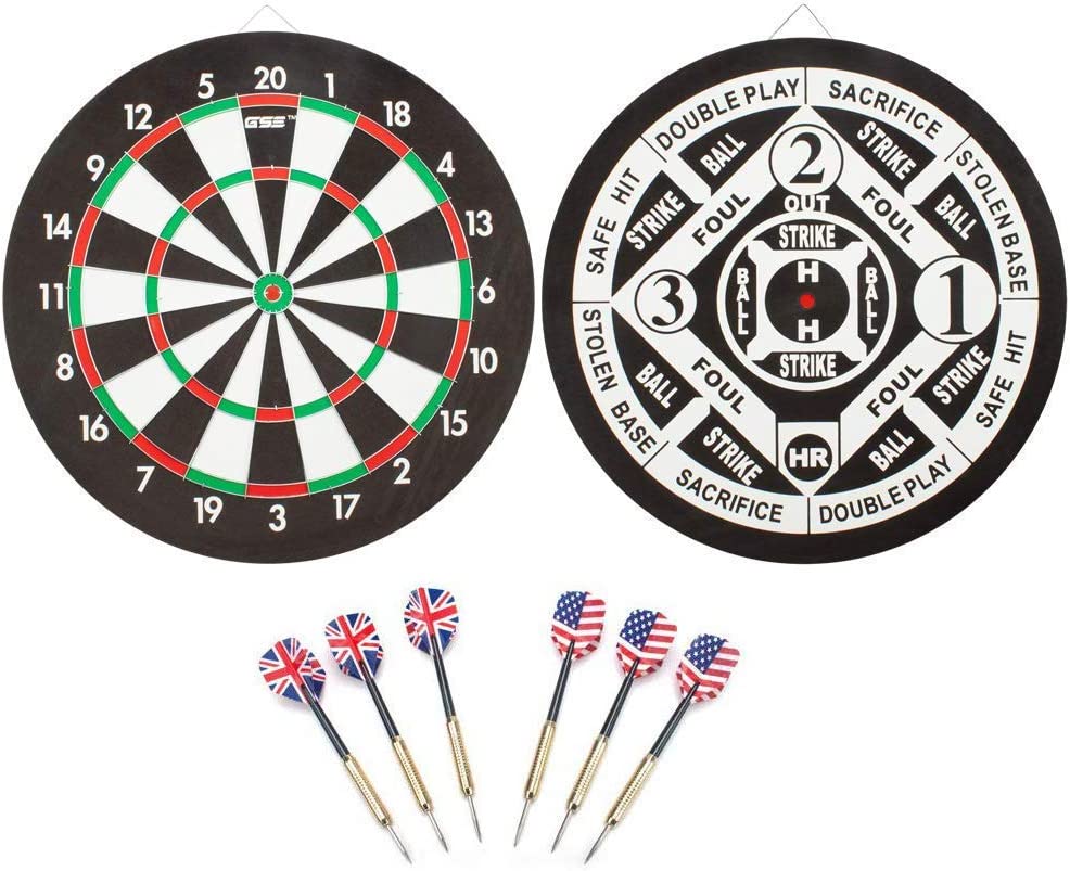GSE 18" Dartboard Game Set with six 17G Steel Tip Darts, 2-in-1 Double Sided Bound Paper Baseball and Dart Board Games Set